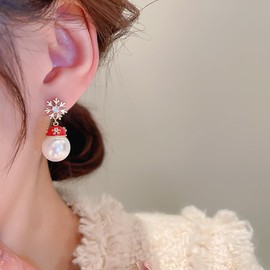 Santa Shell Pearl Snowflake Dangle Earrings for Women Girls Gold Plated Silver Post 12mm Pearls Ball Snowman Crystal Charms Drop Dangling Stud Earring Dainty Christmas Festival Jewelry