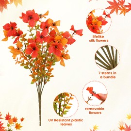 SHareconn Artificial Fall Faux Plants Flowers Outdoors Decoration, 20 Bundles Fake Silk Daisy Eucalyptus Realistic UV Resistant for Outside Indoor Planter Porch Yard Home Autumn Decor, Orange Yellow