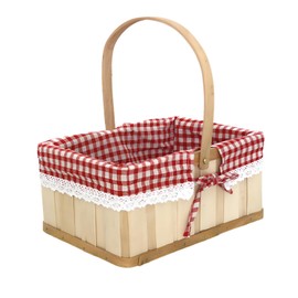Rectangular Picnic Baskets, Creative Wooden Vintage Flower Basket with Folding Handles and Removable Gingham Liner Handheld Basket for Storage Decoration and Photography.