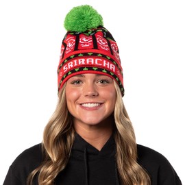 Sriracha Cuffed Beanie Hat Sriracha Hot Chili Sauce Holiday Sriracha Bottles Rib Knit Pom Pom Cuffed Beanie Cap for Men
