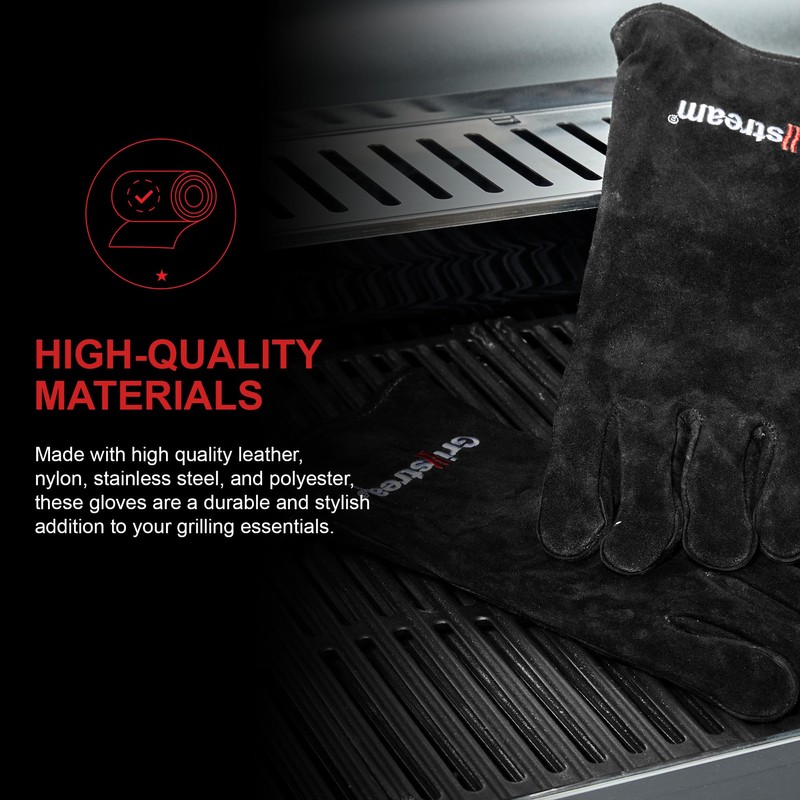 Grillstream Deluxe Leather Gloves, Heat-Resistant with Ultra-Durable Lining, Stylish &