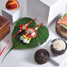 Amelia Rajasthani Bandhej Rakhi Set with Shell Design, Traditional Rajasthani Design with Lumba, Handcrafted Rakhi Set, Complete Rakhi Combo - Red