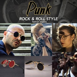 ADE WU Flip Up Sunglasses for Men Women Fashion 1970s Retro Flip-Up Round Double Lens Circle Steampunk Gothic Goggles Glasses Black