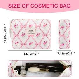 2PC Makeup Bag Set, Cute Cosmetic Bag for Women Girls, Floral Coquette Aesthetic Toiletry Bag, Travel Make Up Organizer Bag (Pink bow)