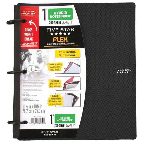 Five Star Flex Refillable Notebook + Study App, College Ruled Paper, 1 Inch TechLock Rings, Pockets, Tabs and Dividers, 200 Sheet Capacity, Black (29328AA2)