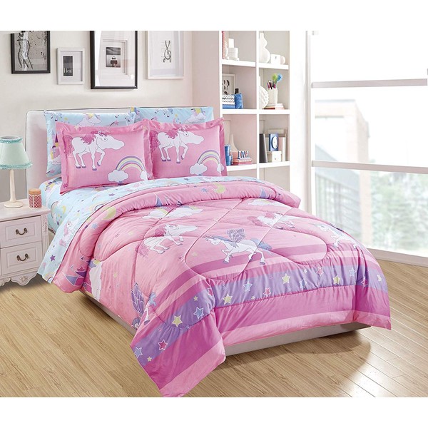 Elegant Home Multicolor Purple Pink White Blue Unicorn Rainbow Castle Design Comforter Bedding Set for Girls/Kids Bed in a Bag with Sheet Set # Unicorn Blue (Twin)