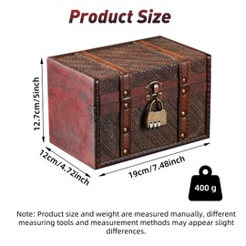 Vintage Wooden Treasure Chest with Combination Lock, 3 Digits, Retro Pirate Treasure Chest with Lock, Small Wooden Treasure Chest Box, Jewellery Box, Storage Box for Storage and Decorating, 19 x 12 x