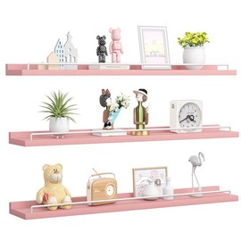RYOFOBETTO 32 inches Long Floating Shelves, Bathroom Decor Shelves Over Toilet, Farmhouse Wall Shelves for Living Room, Bedroom, Picture Frames, Plants, Kitchen, Set of 3 (Pink and White)