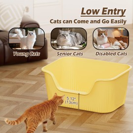 Large Cat Litter Box with High Sides 21.5 * 16.1 * 10.4 inches Big Litter Boxes for Large Cats Easy Clean Open Litter Box, Anti-Splashing&Leak-Proof, Yellow