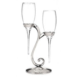 Hortense B. Hewitt Raindrop Shaped Champagne Toasting Flutes with Silver Color Swirl Stand, Silver
