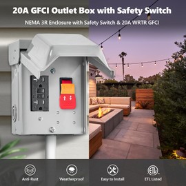 SURAIELEC Outdoor Electrical Outlet with Safety Switch, Rainproof 3R Enclosure, 20 AMP WRTR GFCI Receptacle Plug, Weatherproof Exterior All Metal Power Switch Box with Cover for Backyard, ETL Listed