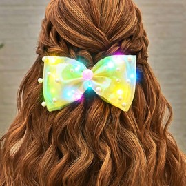 HEREAD Pearl Hair Bow Light Up Bow Knot Hair Clip Barrette Wedding Party LED Hair Accessories for Women (Yellow)