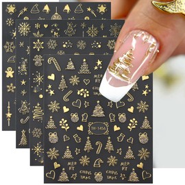 3D Christmas Nail Stickers for Women Bronzing Gold Christmas Nail Art Stickers Christmas Tree Snow Balls Snowflake Winter Nail Sticker Nails Accessories Holiday Nail Decals for Nail Art Supplies, 4pcs