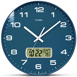 TIMESS Wall Clock, 12" Dial Non-Ticking Silent Battery Operated Analog with LCD Display for Perpetual Calendar and F° Temperature, Ideal Modern Home, Bedroom, Kitchen, Office Decor (Blue)