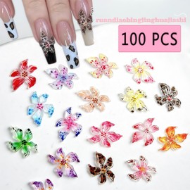 100PCS Hibiscus Flower Nail Art Charms 3D Hawaii Flowers Rhinestones Mixed Colorful Floral Diamonds Spring Summer Nail Jewelry Tiny Flowers Nail Design for Women Manicure Supplies