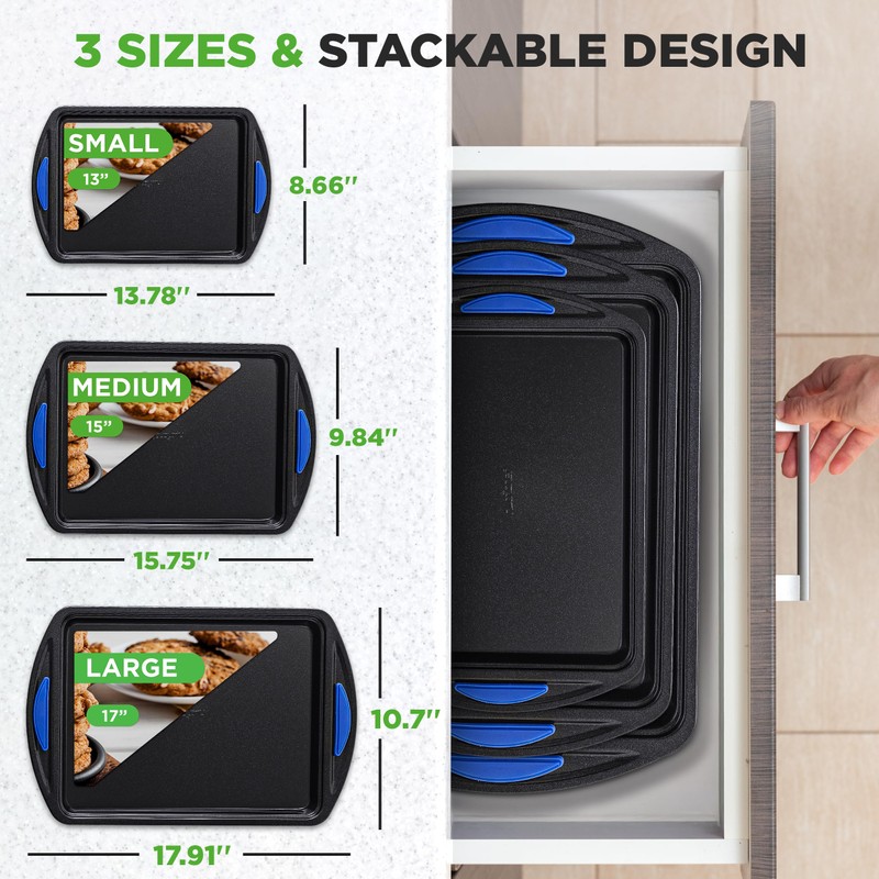 NutriChef 3-Piece Nonstick Cookie Sheets for Baking – Carbon Steel