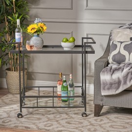 Christopher Knight Home Ambrose Indoor Industrial Iron Bar Cart with Tempered Glass Shelves, Black