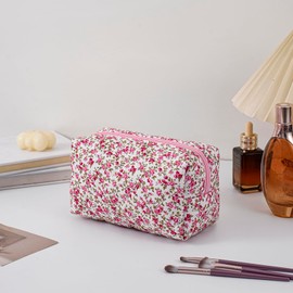 JOVAKIT 2Pcs Makeup Bag Quilted Cosmetic Bag for Women Girls, Floral Coquette Cotton Toiletry Zipper Make Up Pouch, Travel Storage Organizer Pouch (Red Floral)