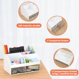 KAHEIGN Desk Organiser with 2 Drawers, 19CM x 14CM Multi-Functional Desk Tidy Organiser Large Capacity Pen Holder Makeup Organizer for Kids Teacher Gift Office School Home Table Decor (White)