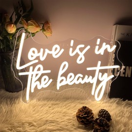 Love is in The Beauty Neon Sign Spa Beauty Room Brows Lashed Salon Studio LED Wall Art Decor For Business Stores Logo Barber Shops Led Indoor Custom Neon Lights 5V USB Powered Warm White 40×29.7 CM