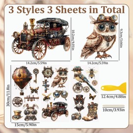 WANDIC 3 Sheets Transfer Stickers Retro Steam Punk Waterproof Furniture Craft Decorative for DIY Scrapbooking Photo Albums 15x30cm