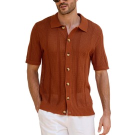 Kallspin Men's Button Down Polo Shirt Casual Summer Beach Knit Shirts Textured Cotton Polo Cardigan (Caramel XL)