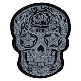 Large Skull Back Patch - 20 x 25.2 cm - Embroidered Patch Biker Live Love Ride XXL Back Patch Skull Star Rose Patch Back Patch for Motorcycle Jacket Cowl Leather Vest - High Quality Embroidery