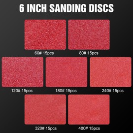 Pukamam 105 Pcs 6 inch Sanding Discs 60 80 120 180 240 320 400 Grit 6 Hole Hook and Loop Round Sandpaper for Random Orbital Sander