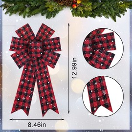 2PCS Christmas Wreath Bows, Red Black Buffalo Plaid Bows for Wreath Rustic Farmhouse Bows for Front Door Winter Red Bows Christmas Snowflake Tree Bows for New Year Indoor Outdoor Xmas Decorations