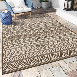 Outdoor Rug Carpet 8x10 ft, Flatweave Textured Outdoor Patio Rug Non Slip Indoor Outdoor Rugs with Rubber Particles Backing Boho Outdoor Area Rug for Patio Deck Front Porch Backyard Balcony, Brown