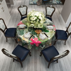 Tropical Round Tablecloth, Hawaiian Palm Tree Hibiscus Flowers Plants Tablecloths, Aloha/Luau Theme Party, Wipeable Waterproof Table Cloth for Family Dinners Patio Outdoor/Outside Events 60x60 Inch