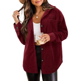 ZOLUCKY Womens Long Sleeve Shacket Casual Corduroy Button Down Shirts Solid Color Shacket Blouse Tops, Wine Red 3XL
