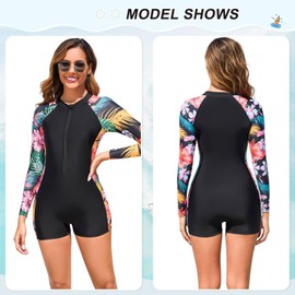 TERODACO One Piece Swimming Costume Women Removable Padded Half Zip Rash Vest Women Long Sleeve UPF50+ Ladies Swimsuits Wetsuit Rash Guard,Soft Stretchy Quick Dry Black Red Flower 2 2505 L