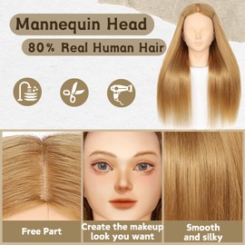 Mannequin Head With Hair 80% Real Human Hair Mannequin Head Human Hair to Practice Hair and Makeup Cosmetology Hairdresser Head With Free Clamp (27# No Makeup)