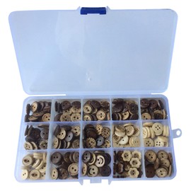 longshine-us 225pcs 13mm 15 Patterns 2 Hole Mixed Natural Cocount Buttons Round Sewing Craft Type Wood Buttons Accessories Sewing with Free Plastic Box for DIY Handmade Craft