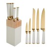 7Pcs Gold White Kitchen Knife Set with Acacia Wooden Block