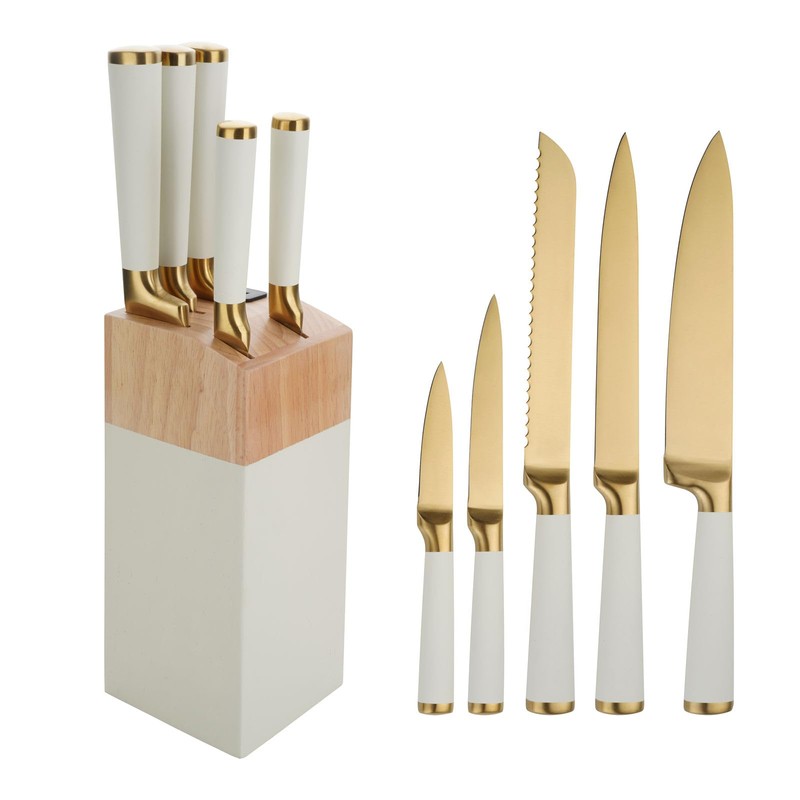 7Pcs Gold White Kitchen Knife Set with Acacia Wooden Block