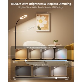 Floor Lamp with Fan Light with RGB, 1800LM LED Standing Lamp with Fan Remote & Push Button Control, Dimmable Tall lamp with fan, Adjustable Gooseneck Reading Stand up Lamp Pedestal Fan Light Combo