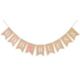 Uniwish God Bless Banner Baptism Decorations for Girls, Vintage Rustic Burlap Bunting Garland Christening Communion Party Supplies with Pink Cross