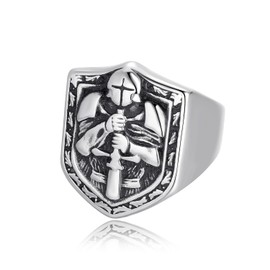 ABUAMO Mens Warrior Ring Solid Stainless Steel Greek Spartan Helmet Jewelry Shield Ring Gift for Him, Non-Precious Metal, No Gemstone
