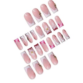 French Tip Press on Nails Long Square Fake Nails Press ons False Nails Red Acrylic Nails Press on Flowers Artificial Nails With Designs Stick on Nails for Women 24pcs