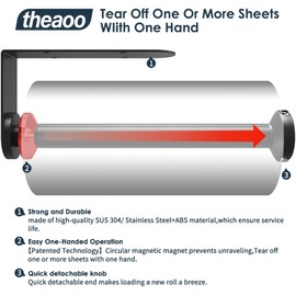 theaoo Under Cabinet Paper Towel Holder for Kitchen, Easy One-Handed Tear, Quick Release Knob for Easy Roll Loading, Wall-Mounted Dispenser, Self-Adhesive or Drill Mounting, Black Stainless Steel