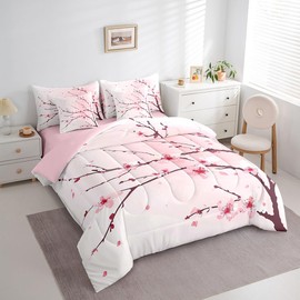 Feelyou Cherry Blossom Comforter Set Queen Size 7 Pcs Girls Sakura Floral Comforter Bed in a Bag Japanese Style Flower Bedding Set for Women Pink White Bed Set with Sheets, Pillowcases, Pillow Covers