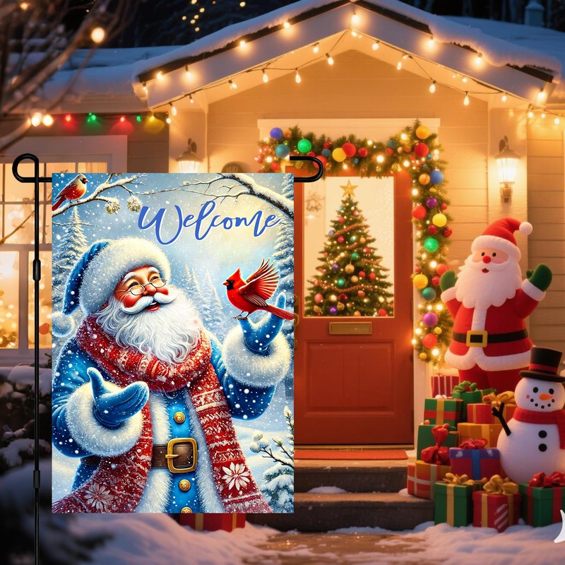 BlissYard Christmas Garden Flag 12x18 Inch Blue Santa Red Yard