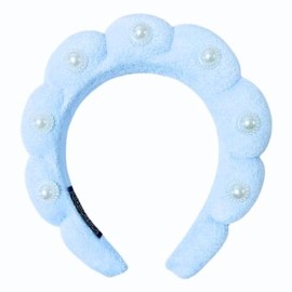 Spa Headband for Women, Sponge Terry Cloth Head Band for Women,Padded Hair Band Cute Headwear Gifts Suitable for Face Wash (Blue With Pearls, 1 Pack)