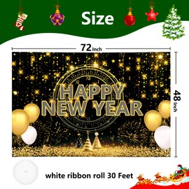 Arosche Extra Large Happy New Year Banner 72" x 48" New Year Celebration Photography Sign Firework Balloons 2025 Holiday Winter Backdrop for Indoor Outdoor Garden,Party Supplies Home Decor