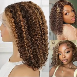 P4/27 Highlight 13x4 Transparent Lace Frontal Deep Wave Curly Bob Hair Wig Brazilian Hair  Transparent Lace Frontstyle: Deep Wave, color: 427, stretched length: 16 Inches, Lace Size: 13x4