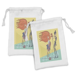 Ambesonne Hair Salon Fabric Pouch Set of 2, Funny Cartoon Illustration of Day in Beauty Salon Hairdresser with Blow Dryer, Small Drawstring Bag for Toiletries Masks and Favors, 9" x 6", Multicolor