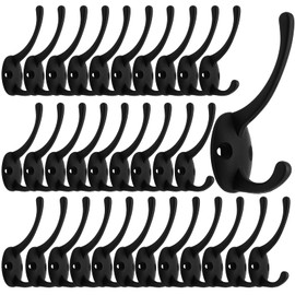 IBosins 32 Pack Black Coat Hooks Wall Mounted with 64 Screws Retro Double Hooks Utility Black Hooks for Coat, Scarf, Bag, Towel, Key, Cap, Cup, Hat