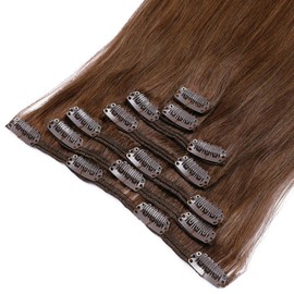 Medium Brown Remy Human Hair Extensions Clip in 70grams 18" Silky Straight Full Head Clip on Extensions 7 Pieces, 4